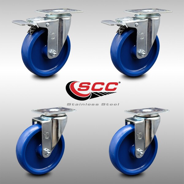 5 Inch SS Solid Polyurethane Top Plate Caster Total Lock Brakes SCC, 2PK